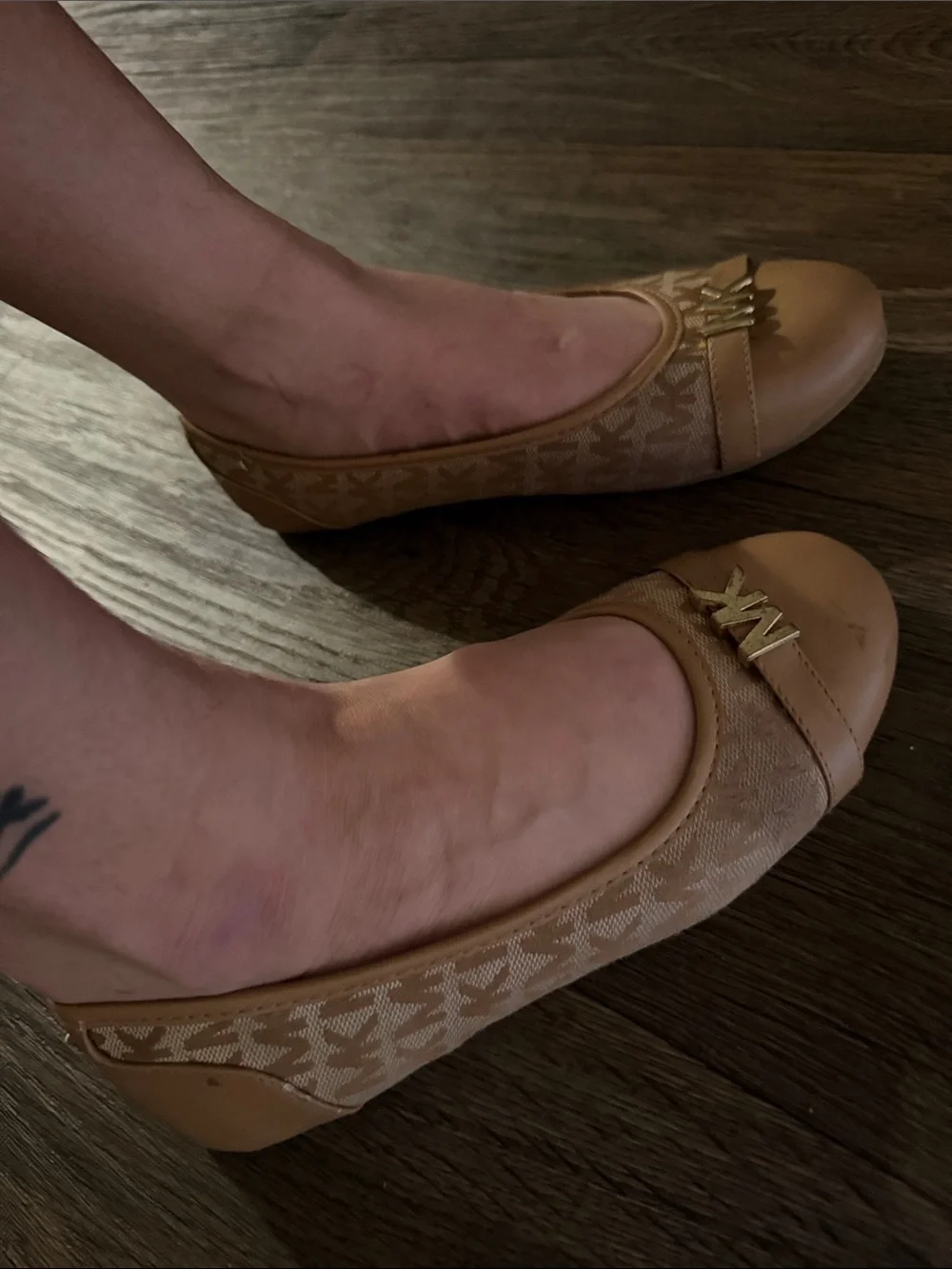 MICHAEL Michael Kors Tan Logo Ballet Flats with Gold MK Accent